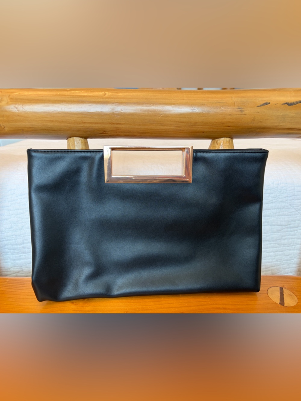 Black Faux Leather Clutch with Metallic Handle
